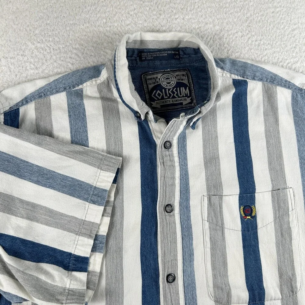 Vintage Coliseum Shirt Mens Large Blue Gray White Striped Button Up Casual 90s